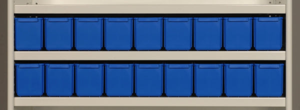 AT41 Parts Trays Showing Nine Trays on 900mm Wide x 400mm Deep Shelf