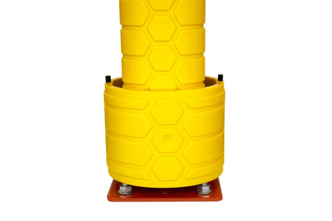 VISIPLAS AX140 Pallet Deflector on Front upright of pallet rack with protector.