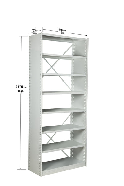 Angled view with dimensions of BS203 Steel Shelving Kit with 8 Shelves