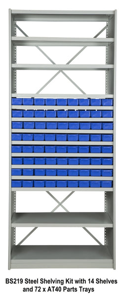 BS219 Steel Shelving Kit with 14 Shelves and 72 x AT40 Parts Trays
