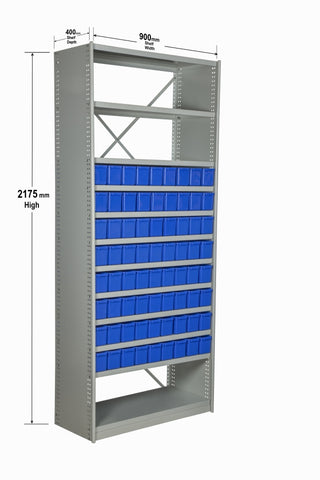Angled View with Dimensions of VISIPLAS BS227 Steel Shelving Kit with 12 Shelves and 72 x AT41 Parts Trays