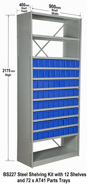 BS227 Steel Shelving Kit with 12 Shelves and 72 x AT41 Parts Trays