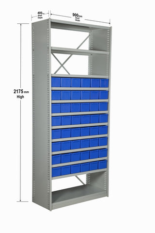 Angled View with Dimensions of VISIPLAS BS237 Steel Shelving Kit with 12 Shelves and 48 x AT42 Parts Trays