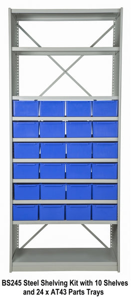 BS245 Steel Shelving Kit with 10 Shelves and 24 x AT43 Parts Trays