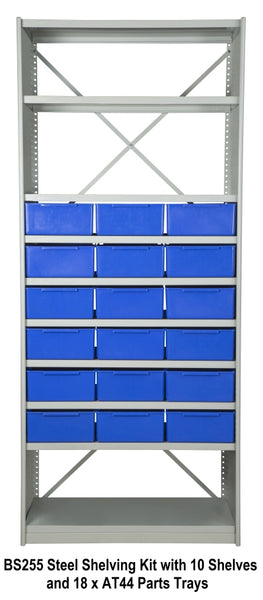 BS255 Steel Shelving Kit with 10 Shelves and 18 x AT44 Parts Trays