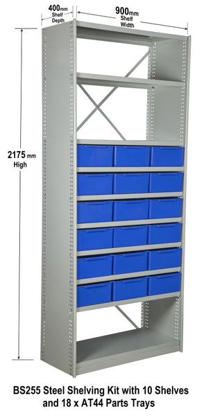BS255 Steel Shelving Kit with 10 Shelves and 18 x AT44 Parts Trays