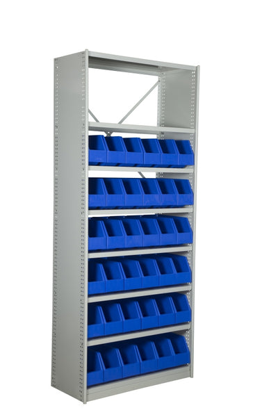 Angled View of VISIPLAS BS264 Steel Shelving Kit with 8 Shelves and 36 x AP42 Picking Bins