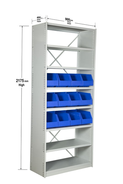 Angled View with Dimensions of VISIPLAS BS273 Steel Shelving Kit with 8 Shelves and 12 x AP43 Picking Bins