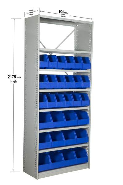 Angled View with Dimensions of VISIPLAS BS283 Steel Shelving Kit with 8 Shelves, 18xAP42 and 12xAP43 Picking Bins