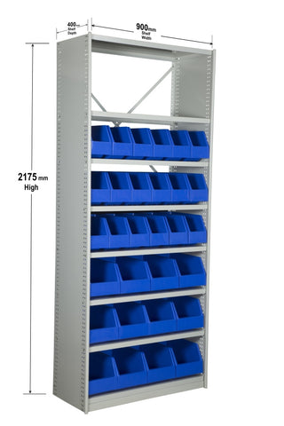 Angled View with Dimensions of VISIPLAS BS283 Steel Shelving Kit with 8 Shelves, 18xAP42 and 12xAP43 Picking Bins